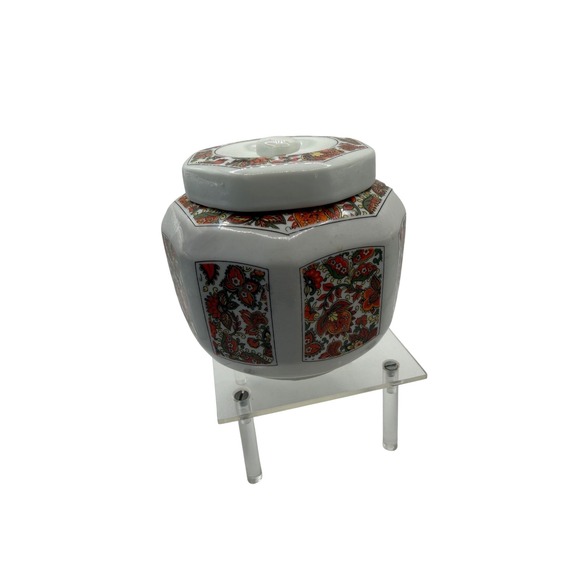 Hung Jin China Other - Hung‎ Jin China Octagonal Ginger Jar Floral Paisley Orange White Lidded Pot 4.5"
